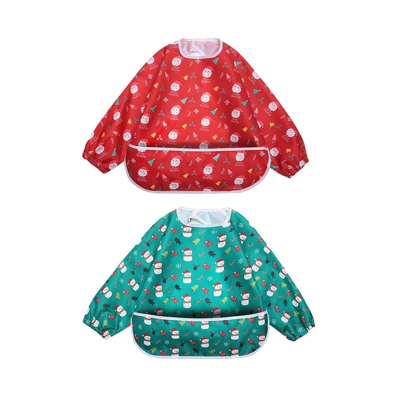 Little Dimsum Full Sleeved Feeding Bib 2 Pack,Baby & Toddler Waterproof Bib Apron,Food Protection Large Pocket Eating Smock 6-36 Month(christmas bib) - Image 1